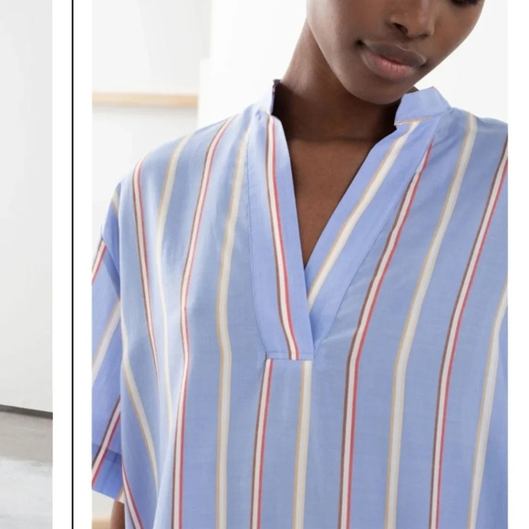 & Other Stories Striped Lyocell A-Line Midi Short Sleeve Shirt Dress Oversize 6 - Picture 7 of 15